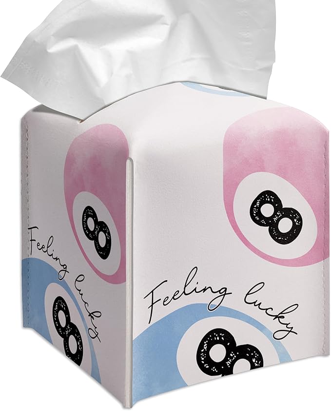 Grace Yonks Cute Tissue Box Cover Square - Pink & Blue 8 Ball “Feeling Lucky” Design 5.2" PU Leather Holder for Vanity, Desk, or Bathroom Counter - Cube Case for Facial Tissues(004)
