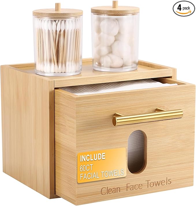 BSSN Face Towel Holder Bamboo Disposable Clean Towels Holder with Cotton Swab Box and 60ct Towels, Wall Mounted & Countertop Skincare Organizer, Bathroom Vanity Storage for Face Tissues & Makeup Pads
