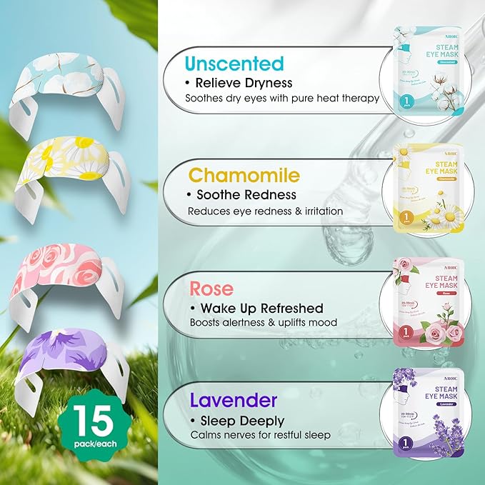 AROIC 60 Pack Steam Eye Masks Disposable, Heated Eye Mask Warm Compress for Eyes, Relaxation Mothers Day Gifts Self Care for Women, Spa Travel Essentials - Lavender, Unscented, Chamomile, Rose