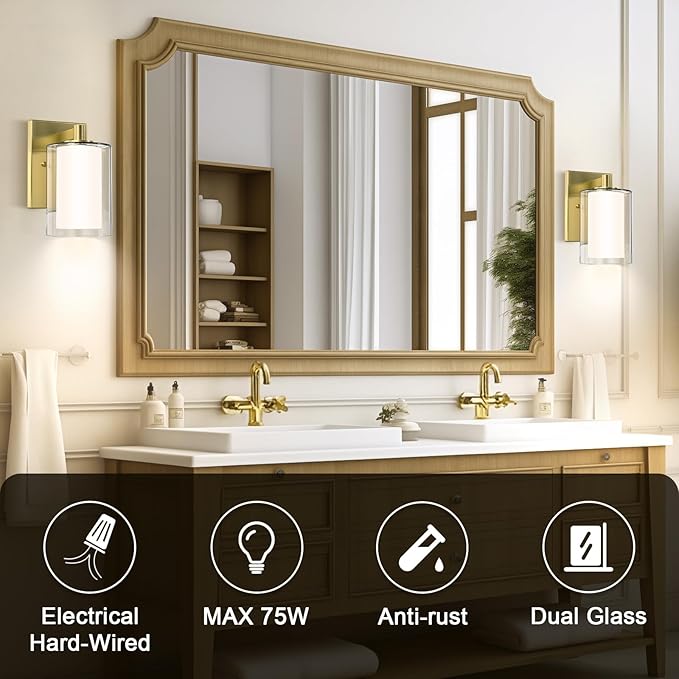 Wall Sconces Set of Two: Bathroom Sconce of 2, Gold Vanity Fixtures with Double Clear Glass Shade, E26 Base Hardwired Farmhouse Wall Lights for Bedroom Living Room Bathroom (Bulb not Included)