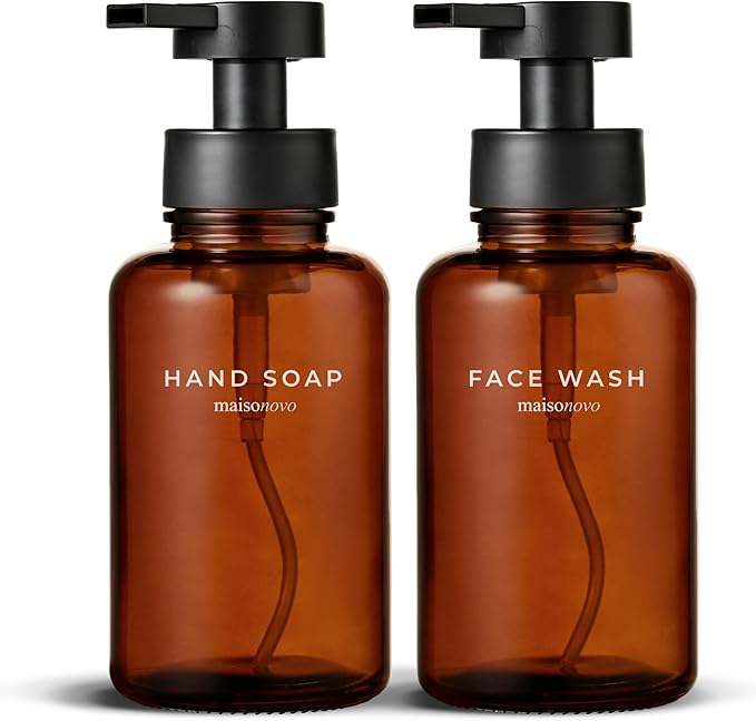 MaisoNovo Glass Foaming Soap Dispenser 14 Oz | Glass Bottles Pumps x 2 Amber