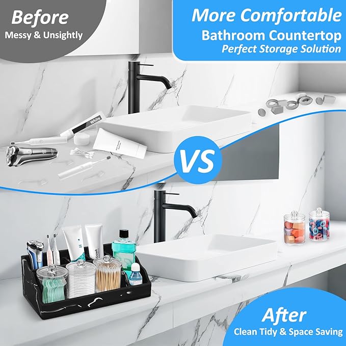 Marble Bathroom Countertop Organizer, Black Toothbrush Holders for Bathrooms Counter Organizer with 3PCS Qtip Dispenser, Toothbrush and Toothpaste Holder for Bathroom Organization Vanity Storage