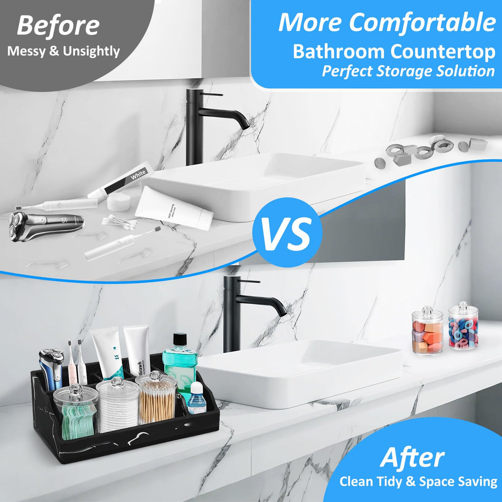 Marble Bathroom Countertop Organizer, Black Toothbrush Holders for Bathrooms Counter Organizer with 3PCS Qtip Dispenser, Toothbrush and Toothpaste Holder for Bathroom Organization Vanity Storage