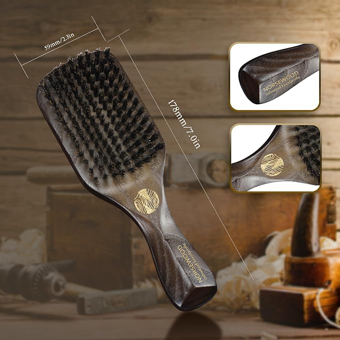 NORSEWOOD Boar Bristle Brush for Shine and Texture - Stiff Bristles for Medium Hair/Beards, Cleaning Brush Included