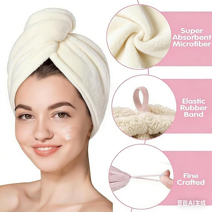 3 Pack Microfiber Hair Towel Wrap for Women, Fast Drying Hair Turban with Button, Anti-Frizz Large Hair Towel for All Hair Styles, Soft & Absorbent Hair Drying Towel