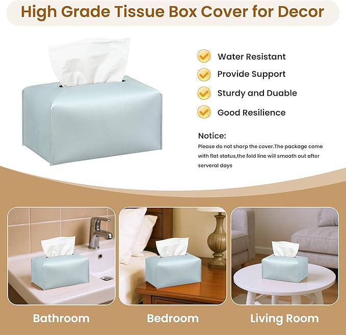Long Tissue Box Cover, PU Leather Tissue Holder Rectangle, Facial Paper Organizer, Modern Dispenser for Bathroom, Kitchen, Home, Office, Tabletop (1, Sky Blue, Short)