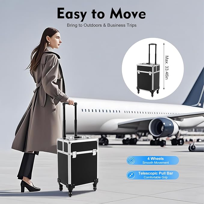 SuiYuLn 13.23lbs Lockable Makeup Train Case,Rolling Hairdressing Trolley,Beauty Salon Cosmetic Luggage with Universal Wheels for Hair Stylist,Make-up Artists (Black 7)
