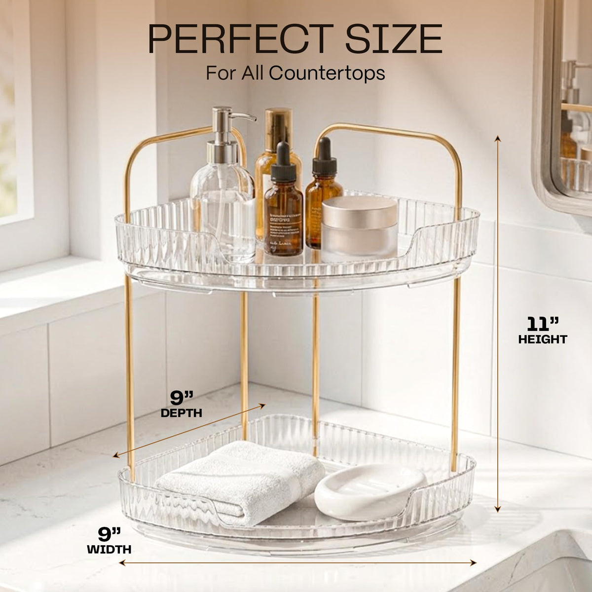 2-Tier Acrylic Corner Bathroom Organizer, 9" x 9" x 11" Large Round Countertop Shelf with Handle, Clear Acrylic Skincare & Makeup Storage Tray, Waterproof Vanity Organizer for Kitchen & Dresser