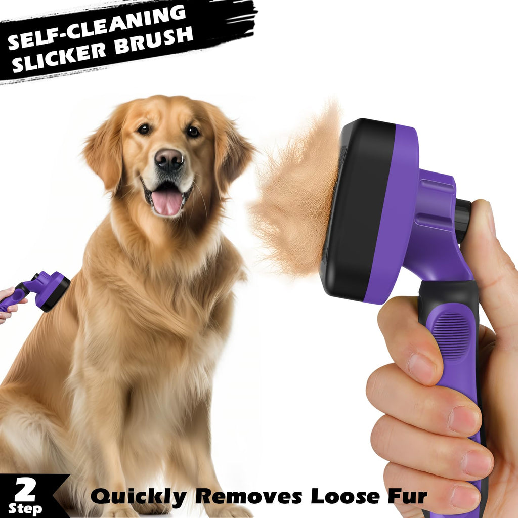 Professional 3PCS Self Cleaning Slicker Brush & Pet Grooming Rake & Flea Comb for Dogs,Cats and Horses | Double-Sided Dematting Comb & Skin Friendly Deshedding Grooming Tool | Pet Supplies (Purple)
