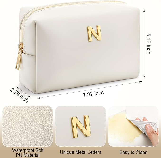 Kigeli Gifts for Women Teen Girls Gifts for Bridesmaid Mom Teachers Graduation Birthday Wedding Personalized Initial Makeup Bag Beige PU Leather Monogram Cosmetic Waterproof Travel Toiletry Bag(N)