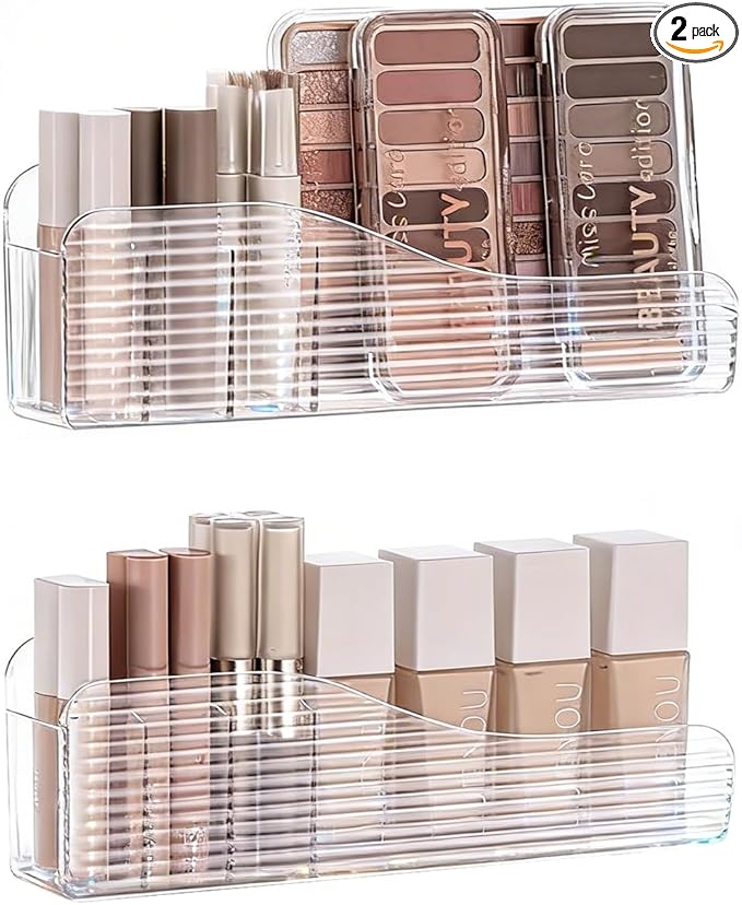 MORNITE Bathroom Medicine Cabinet Organizer Set, Narrow Compact Makeup Shelves Holder for Lipstick, Cosmetic, 2 Pcs Trays for Cabinet Door Wall, Vanity - Clear