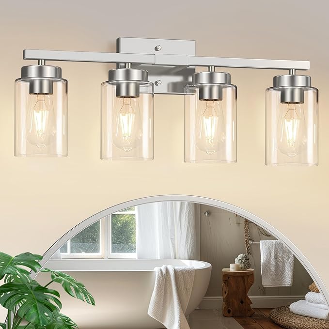 IZORRO Modern Bathroom Light Fixtures, 4 Light Brushed Nickel Vanity Lights, Bathroom Lighting Fixtures Over Mirror with Clear Glass for Living Room Cabinet Bedroom