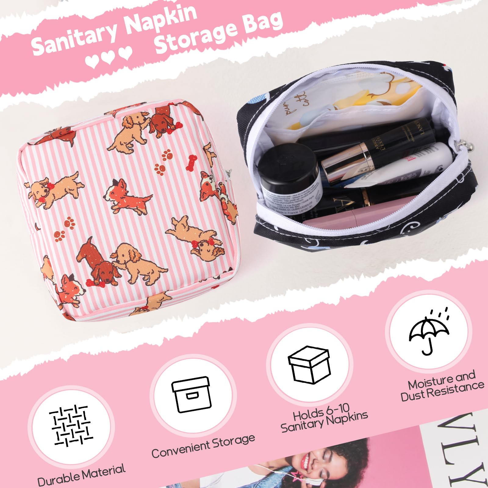 Desing Wish Sanitary Pad Storage Bag Portable Period Bag for Teen Pads/Sanitary Napkins/Small Tampons, Sanitary Napkin Storage Bag First Period Gifts for Teen Girls (Bowknot Dachshund)