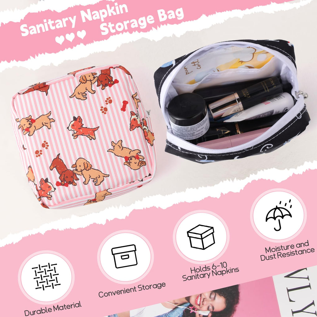 Desing Wish Sanitary Pad Storage Bag Portable Period Bag for Teen Pads/Sanitary Napkins/Small Tampons, Sanitary Napkin Storage Bag First Period Gifts for Teen Girls (Pink Striped Dog)