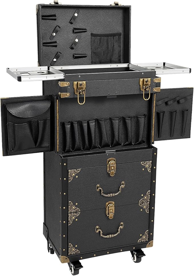 SuiYuLn 44.09lbs Lockable Makeup Train Case,Rolling Hairdressing Trolley,Beauty Salon Cosmetic Luggage with Universal Wheels for Hair Stylist,Make-up Artists (Black 2)