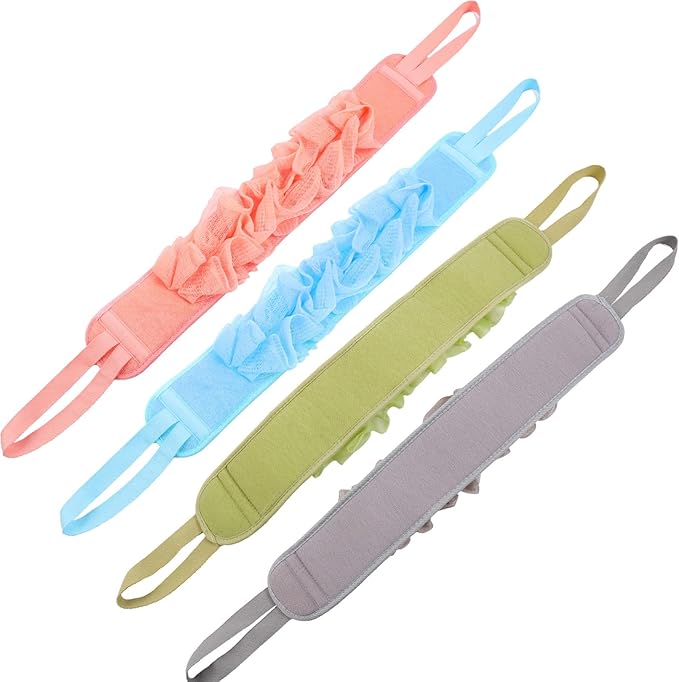 Acellegic 4 Pcs Exfoliating Back Scrubber for Shower Double Sided Exfoliating Washcloth with Strap Long Body Scrub Sponge Shower Loofah with Handle for Women Men Body Washing (Pastel Color)