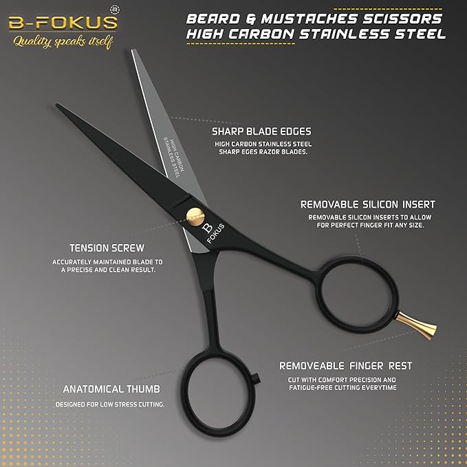 5" Premium Beard Mustache Scissors, Black High Carbon Stainless Steel Beard Scissors with 1 Beard Comb, 1 Mustache Comb, 2 Stickers and Tarvel Pouch. Beard Trimming Scissors for All Facial Hair