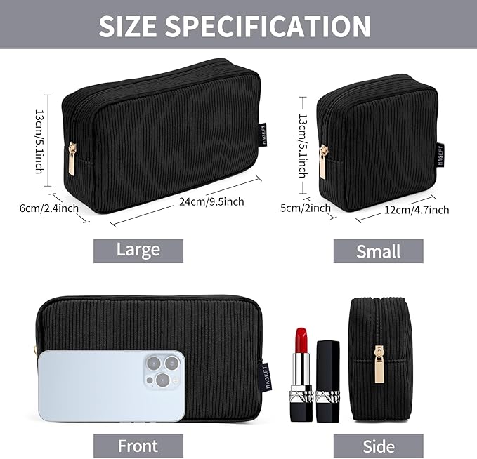 MAGEFY Makeup Bag 2 Pcs Corduroy Cosmetic Bag Mini Big Makeup Bags for Women Travel Pouch with Slip-in Pockets(Black)