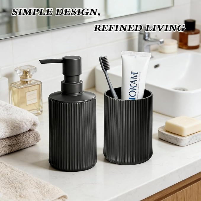 Fooguila Bathroom Set Accessories, Black Soap Dispenser and Toothbrush Holder Complete 2 Piece Plastic Hand Dish Soap Counter Set for Modern Decor