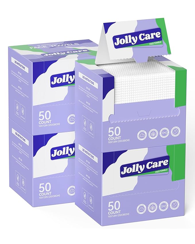 Jolly Care Disposable Face Towels, 10"×12" XL Face Towelette Disposable, Soft Makeup Remover Dry Wipes, Thick Facial Tissue for Women Cleansing, Skin Care, 50 Count (4 Pack)