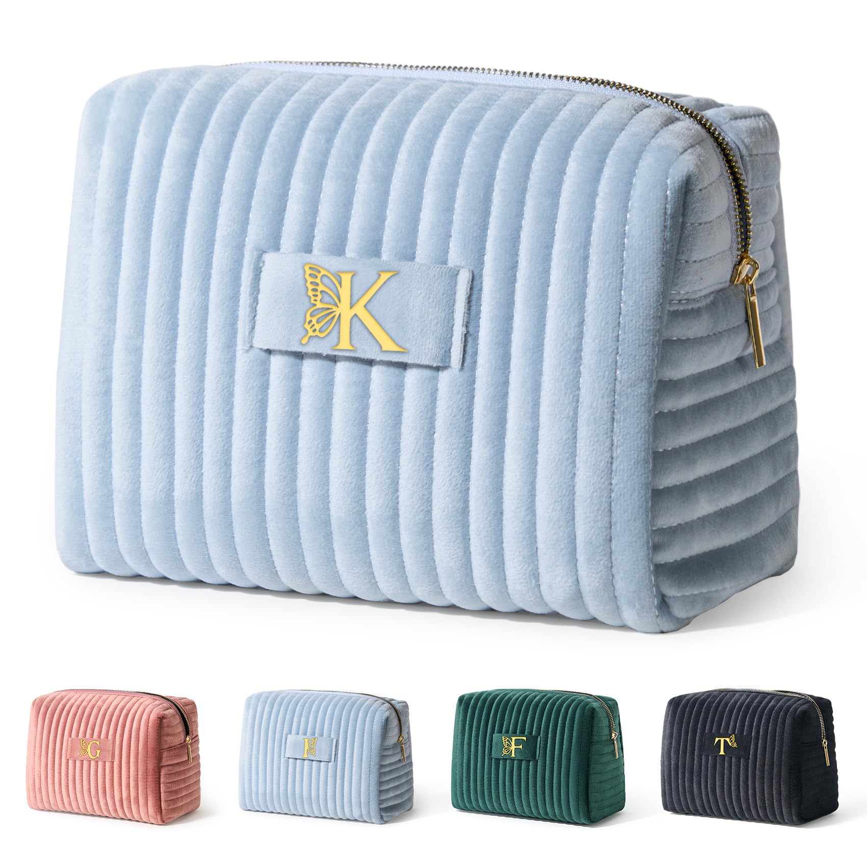 COSHAYSOO Personalized 16th 18th 21st Birthday Gifts for Girls Travel Makeup Bag Quilted Make Up Cosmetic Pouch 16 17 18 19 20 21 Year Old Girl College Dorm Essentials Dusty Blue Initial Letter K