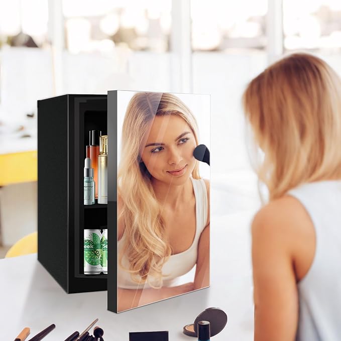 Stopsad 24 Can Freestanding Beverage Refrigerator, 0.9 Cu. Ft Mini Fridge with Mirror Front Door and Countertop Skincare Fridge, Small Refrigerator with Adjustable Shelves for Soda, Beer or Wine
