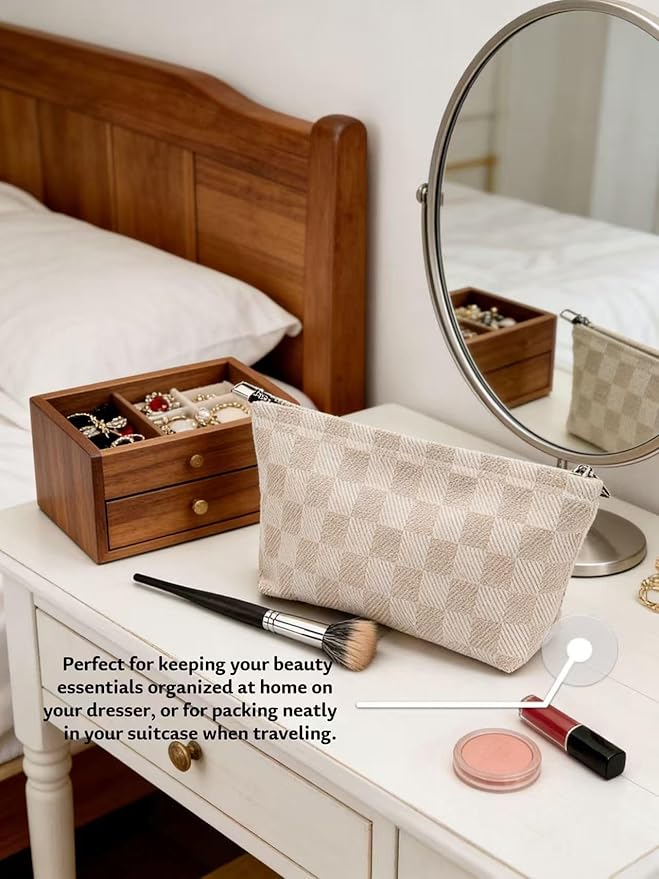 RIKMOXR 2-Pack Beige Checkered Makeup Bag Set - Large Capacity Cosmetic Organizer Pouch | Travel Toiletry Bag for Women Girls