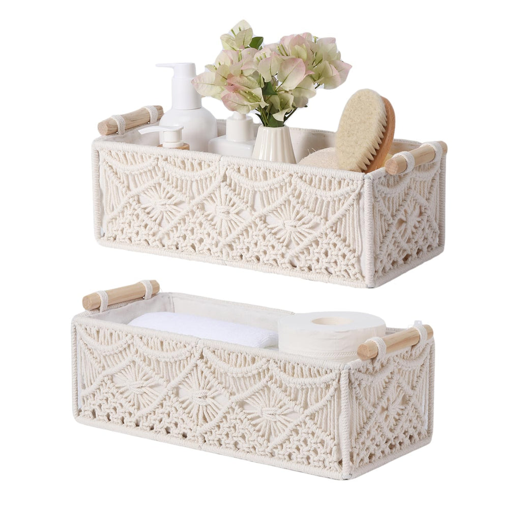 Nonam 2pc Macrame Storage Baskets, Boho Woven Boxes for Home, Weave White