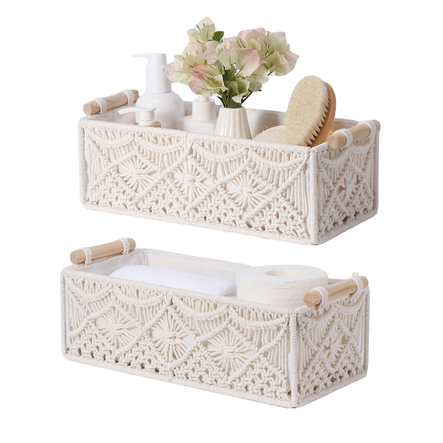 Nonam 2pc Macrame Storage Baskets, Boho Woven Boxes for Home, Weave White