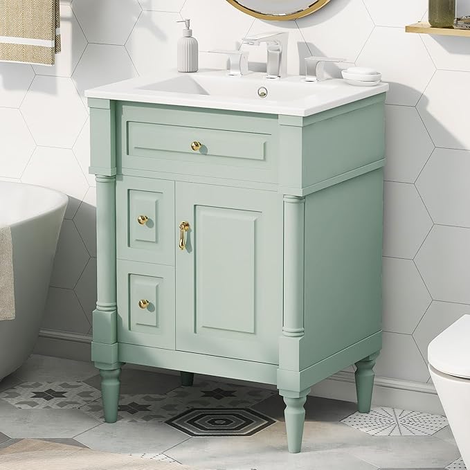 Harper & Bright Designs 24" Bathroom Vanity with Sink, Free Standing Bathroom Vanity Set with Flip Drawer, 2 Drawers, and Adjustable Shelf, Wood Storage Cabinet with Ceramic Basin for Bathroom, Green