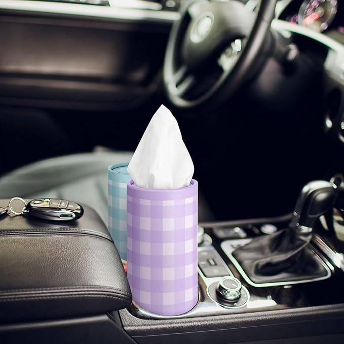 Fourluoo 12 Pack Spring Tissue Boxes for Car Cylinder Bulk Colorful Plaid Round Cylinder Holder with 3 Ply Facial Tissues for Spring Easter Travel Bathroom Office Decoration Supplies