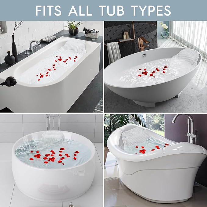 Bath Pillow for Tub, Bathtub Pillow for Head, Neck and Back Support, 4D Air Mesh Spa Bath Pillow with 6 Suction Cups, Machine Washable with Laundry Bag