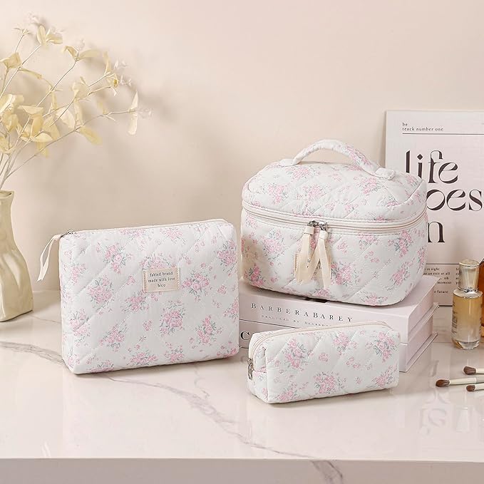 uekeboag 3Pcs Large Travel Quilted Makeup Bag for Women, Floral Cotton Cosmetic Bag, Coquette Aesthetic Floral Toiletry Organizer Bag(3Pcs PinkRose