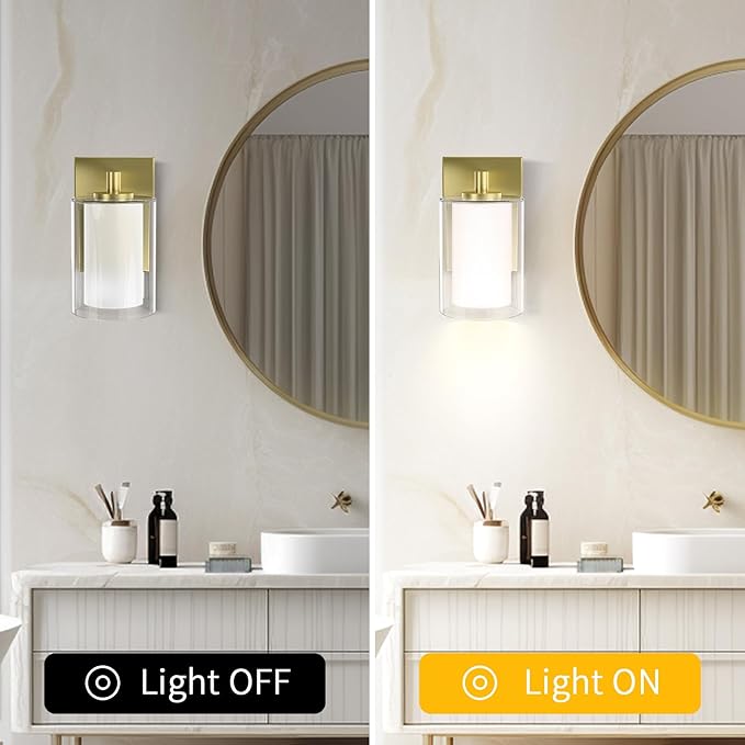 Wall Sconces Set of Two: Bathroom Sconce of 2, Gold Vanity Fixtures with Double Clear Glass Shade, E26 Base Hardwired Farmhouse Wall Lights for Bedroom Living Room Bathroom (Bulb not Included)