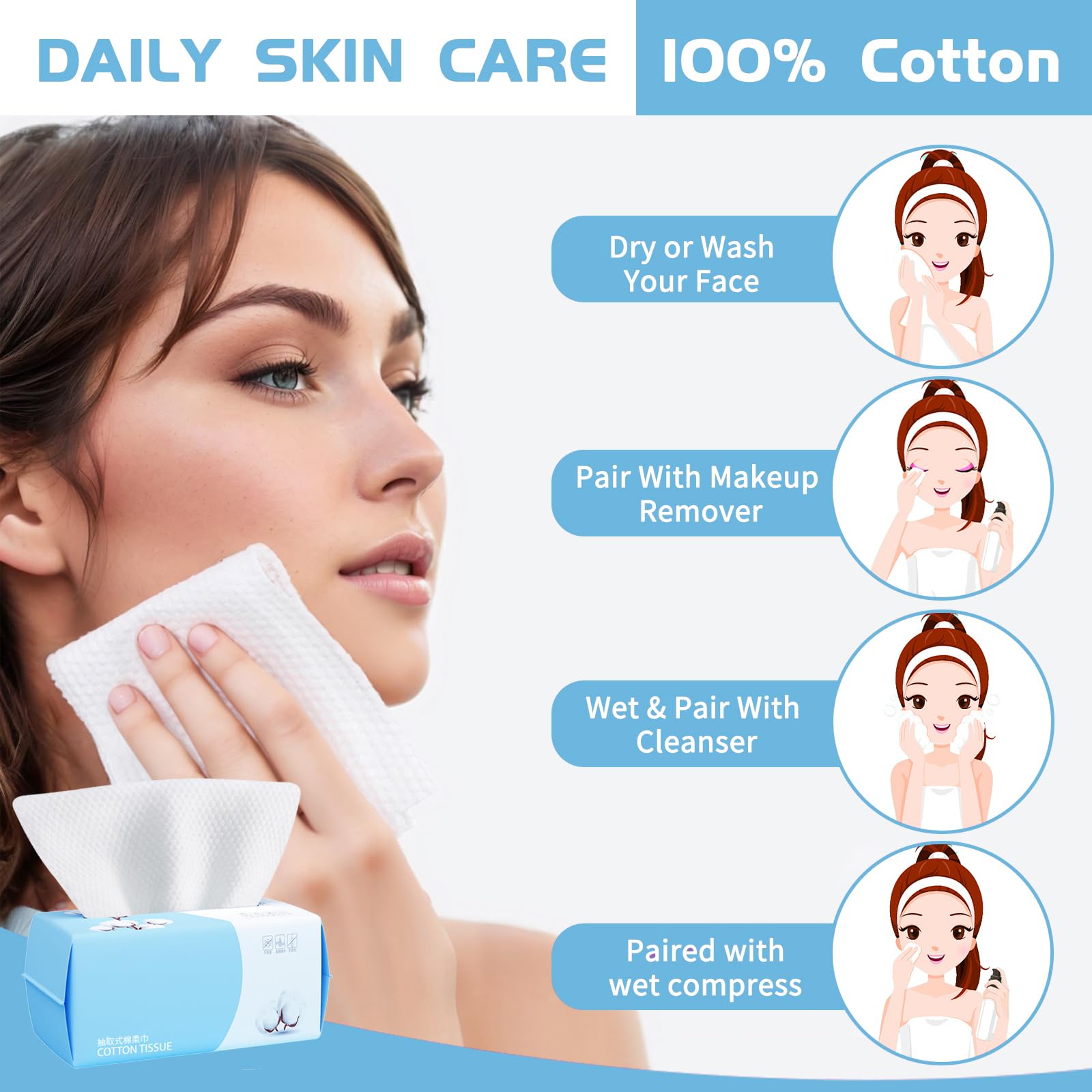 Cotton Facial Dry Wipes 100 Count, Deeply Cleansing Disposable Face Towel Wash Cloth, Multi-Purpose for Skin Care, Make-up Wipes and Facial Cleansing (4 Pack)