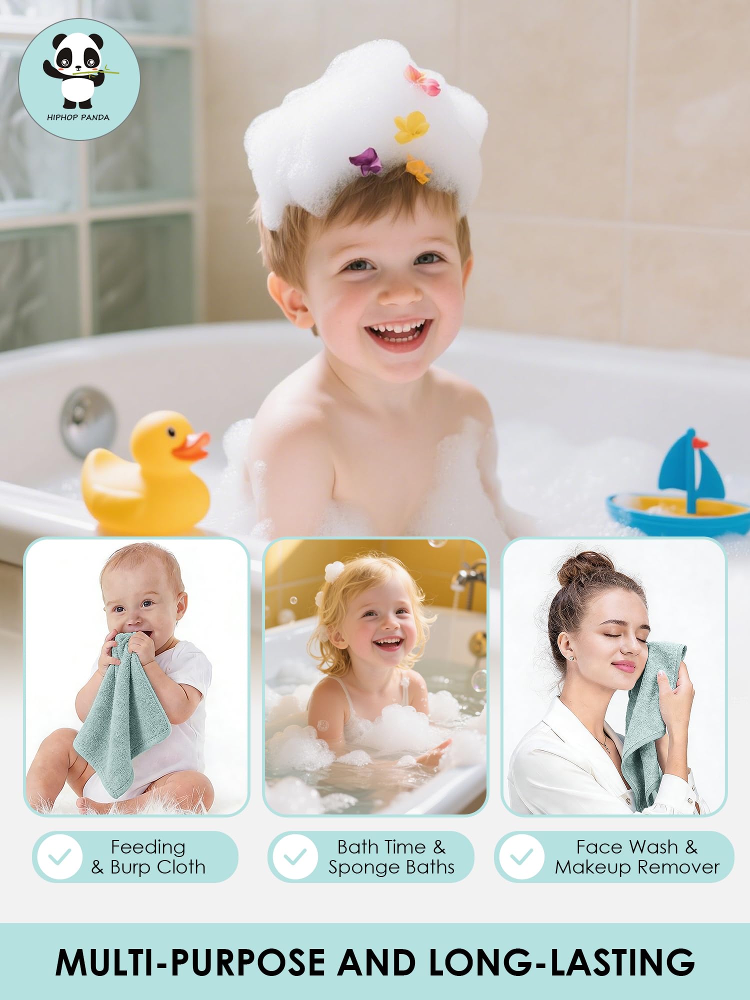HIPHOP PANDA Ultra Soft Baby Washcloths, 2-Layer Absorbent Wash Cloths