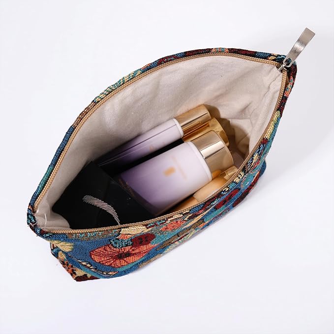 BOCGRPU 2 PCS Makeup Bag Set，Portable Small Cosmetic Bag for Purse ，Large Storage Capacity Toiletry Bag Organizer，Travel Pouch with Zipper for Women, (Flower Garden Blue)