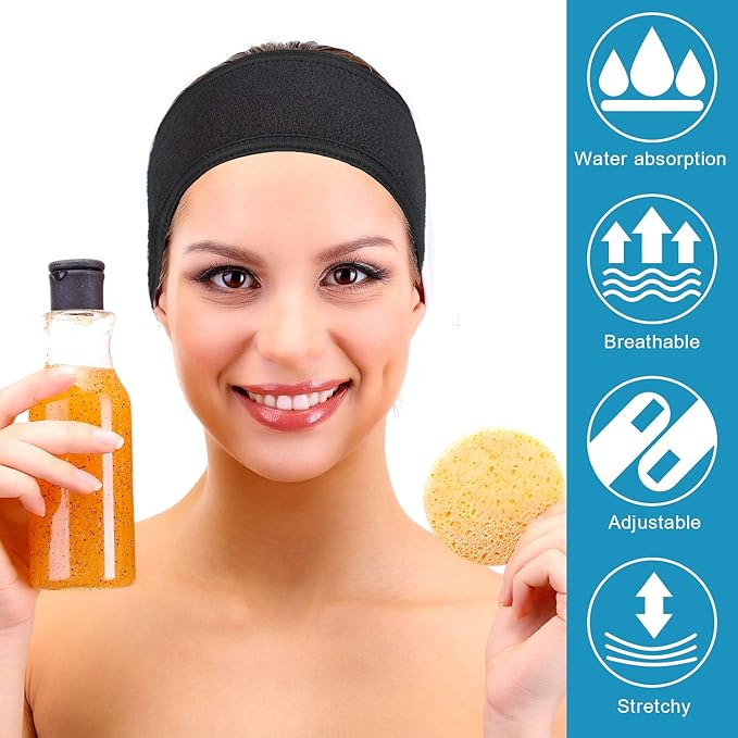 Whaline Spa Headband 4 Pcs Black Makeup Hair Band Facial Head Wrap Hair Tie