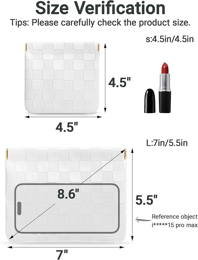 MXXUUOOM 2 Pack Small Makeup Bag for Purse Leather Cosmetic Pouch Organizer, Snap Closure Checkered Makeup Bag, Mini Lipstick Coin Pouch, Travel Makeup Organizer for Women(white)