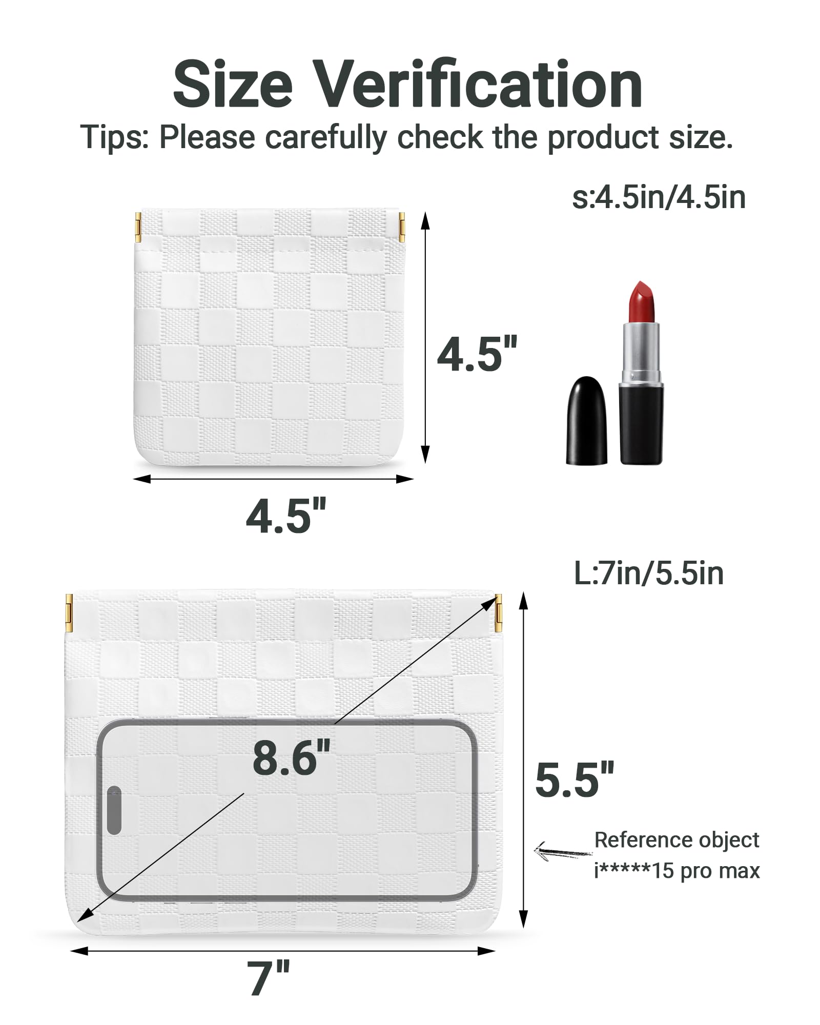 MXXUUOOM 2 Pack Small Makeup Bag for Purse Leather Cosmetic Pouch Organizer, Snap Closure Checkered Makeup Bag, Mini Lipstick Coin Pouch, Travel Makeup Organizer for Women(white)