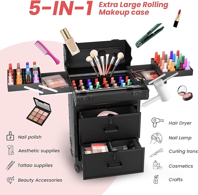 ALUROICE Large Rolling Makeup Train Case, Professional Travel Cosmetology Case on Wheels with Drawers, 3 Tiers Nail Organizers Storage Case for Nail Tech, Tattoo, Hairstylist, Makeup, Extra Large