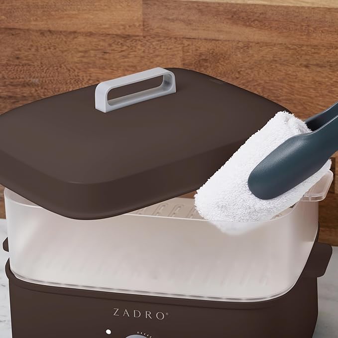 Zadro Towel Steamer with Tongs, 850W Heater, 8L Tray, 1.7L Tank, 30-min Timer for Facials, Manicures, Pedicures, Shaving (13"x12", 120V/850W, 8L, Chocolate)