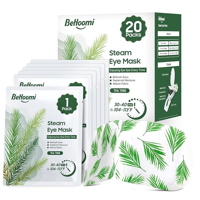 BeHoomi 20 Packs Steam Eye Mask, Heated Eye Mask Warm Compress for Eyes, Disposable Self Heating Steam Mask for Home, Sleep, Spa, Travel Essentials & Relaxation Gifts for Women (Tea Tree)