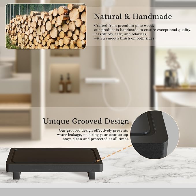 ZGO Small Counter Set of 2, Decorative Vanity Tray for Bathroom & Kitchen, Wooden Soap Holder, Black