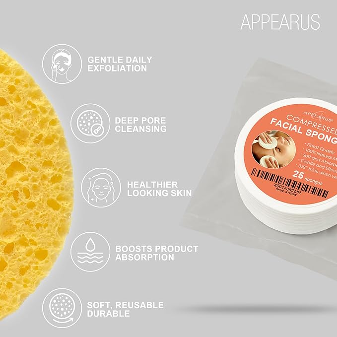Appearus Compressed Natural Cellulose Facial Sponges 25 Count White