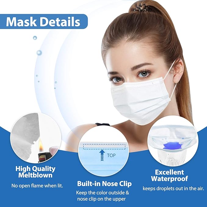 Assacalynn Disposable Face Masks, White, 50pcs, 3 Layer, Adult-Large
