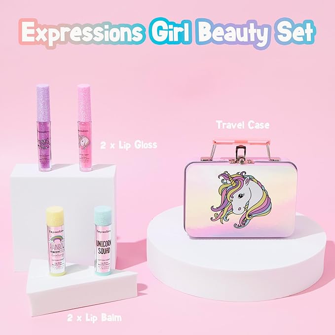 5pc Unicorn Holographic Lip Kit for Kids -Lip Glosses & Balms with Tin–Cute