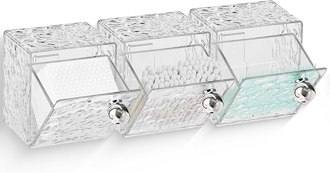 IWNTWY Qtip Holder Dispenser, 3 Pack Wall Mounted Plastic Cotton Pad Holder, Cotton Ball, Swabs, Floss, Makeup Organizers Containers for Vanity Bathroom