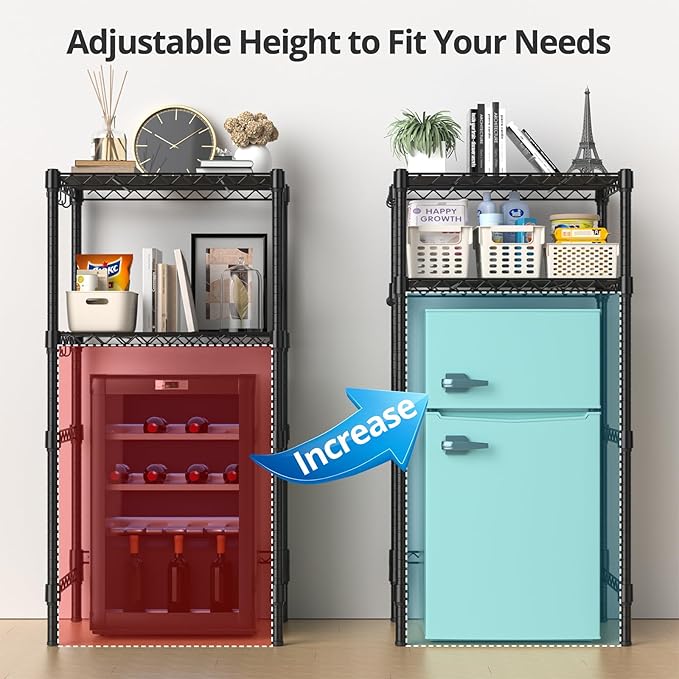 Mini Fridge Stand with Adjustable Shelf, 2 Tier Storage Rack Organizer for Refrigerator & Microwave, Storage Shelves and Space Saver for Dorm Room, Office, Kitchen, Apartment, Garage, Black
