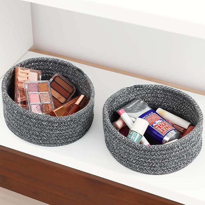 Small Basket, Set of 3 Small Woven Basket, Rope Baskets for Gifts, Cute Mini Tiny Baskets for Organizing Decor Nursery, Decorative Boho Round Storage Basket Bathroom Organization Bin (Grey)